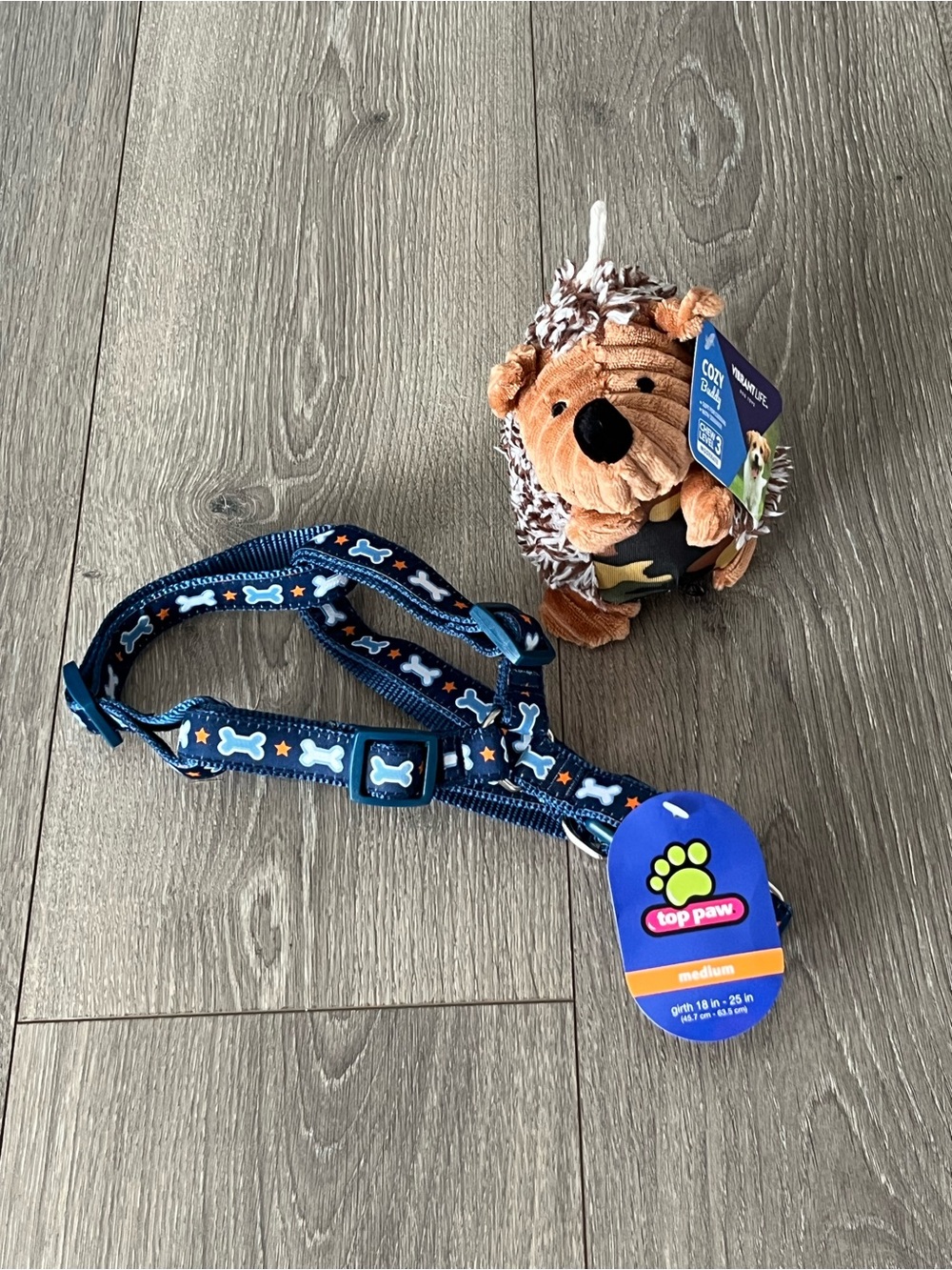 NWT Top Paw Navy Blue Bone-Print Pet Harness and Hedgehog Dog Toy